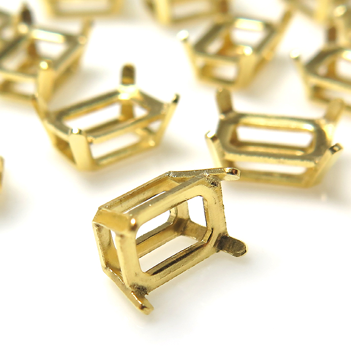 石座・石枠・空枠 14kgf 金具 パーツ オクタゴン エメラルドカット 6×4mm 4本爪 ゴールドフィルド （3個）