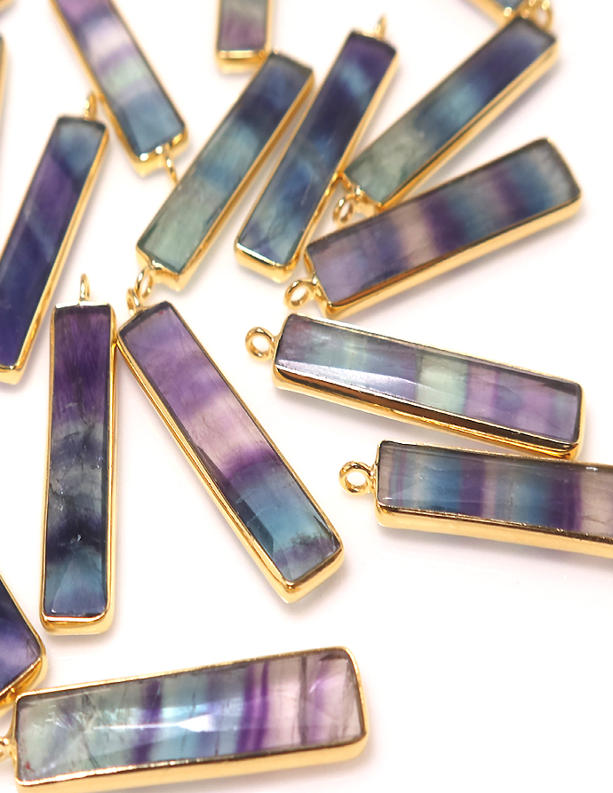 フローライト 天然石チャーム・ペンダントトップ レクタングル 30mm×6mm シルバーSV925 18金ゴールドプレーテッド （10個）