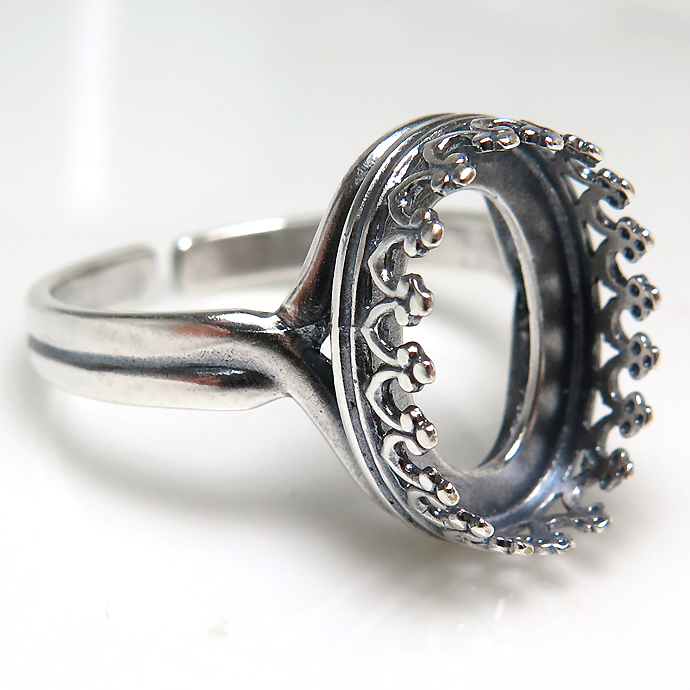 銀古美 指輪リング空枠クラウン（ベゼルセッティング/カボション用）（オーバル 16×12mm）（真鍮ブラス・アンティークシルバー）（25個）