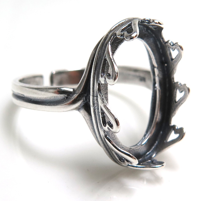 銀古美 指輪リング空枠クラウン（ベゼルセッティング/カボション用）（オーバル 16×12mm）（真鍮ブラス・アンティークシルバー）（10個）