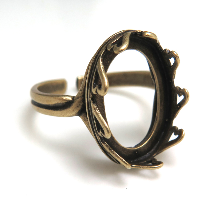 金古美 指輪リング空枠クラウン・ウェーブ（ベゼルセッティング/カボション用）（オーバル 16×12mm）（真鍮ブラス・アンティークゴールド）（25個）