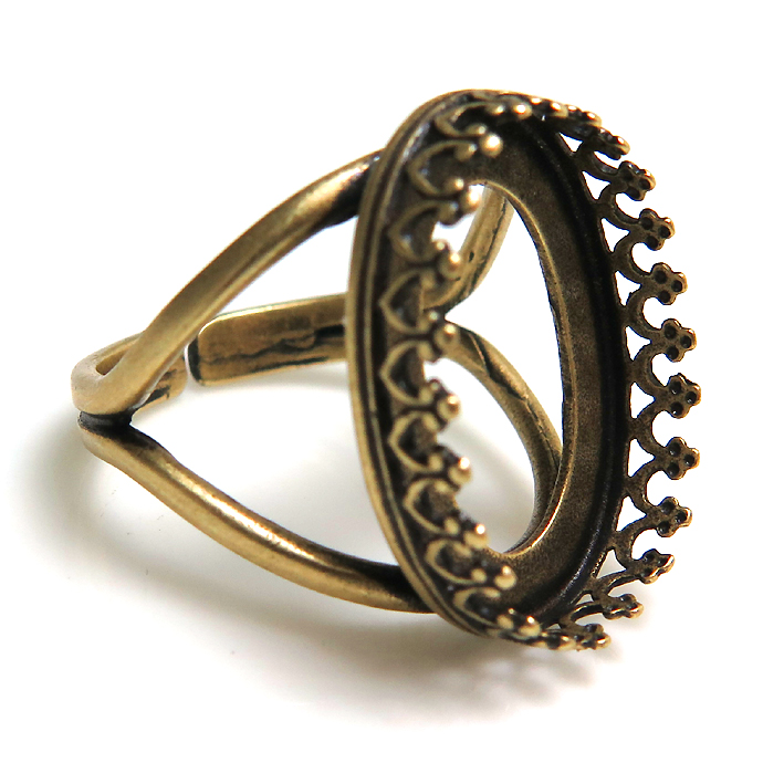 金古美 指輪リング空枠クラウン（ベゼルセッティング/カボション用）（オーバル 18×13mm）（真鍮ブラス・アンティークゴールド）（10個）