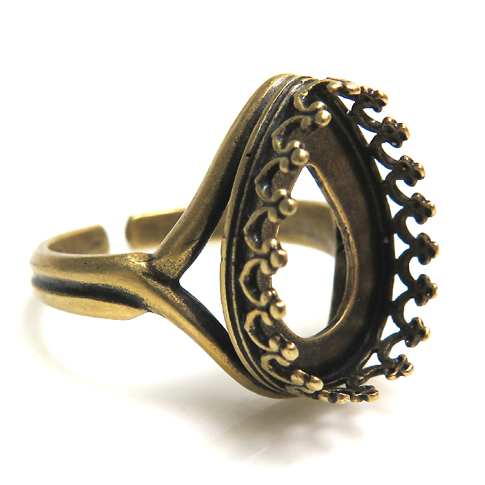 金古美 指輪リング空枠クラウン（ベゼルセッティング/カボション用）（ペア 14×10mm）（真鍮ブラス・アンティークゴールド）（1個）