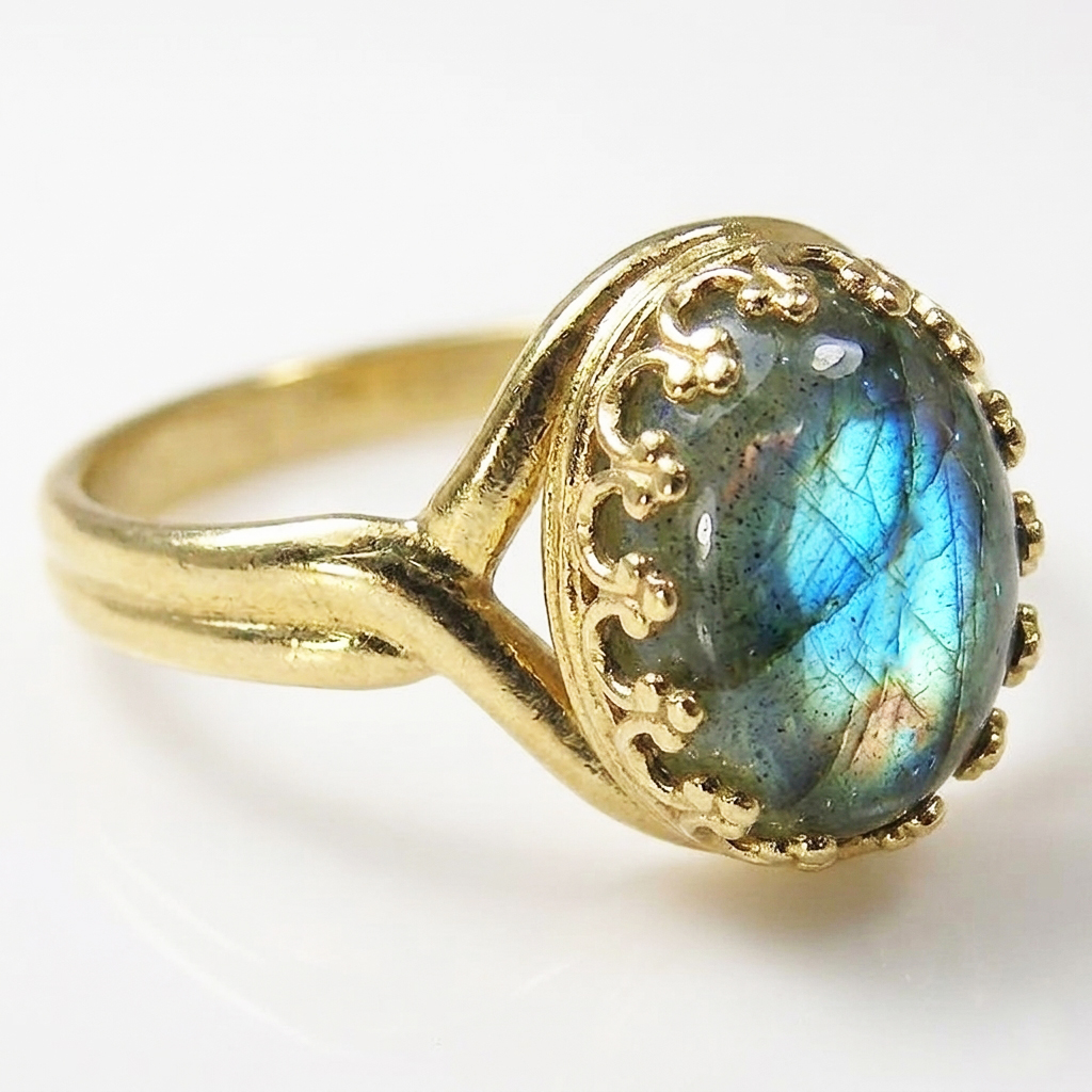 ラブラドライト 指輪 リング 天然石 （カボションオーバル・10×8mm）（真鍮ブラス・金 ゴールドカラー）（1個）