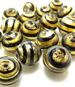 ヴェネチアンビーズ（グラスビーズ）ストライプ・ゴールド（ラウンド10mm）（両穴）（10個）