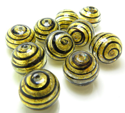ヴェネチアンビーズ（グラスビーズ）ストライプ・ゴールド（ラウンド12mm）（両穴）（10個）
