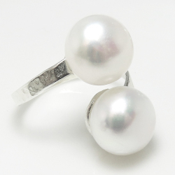 淡水パール 指輪 真珠リング/ハンマード（ボタン11mm×2）真鍮ブラス・シルバーカラー