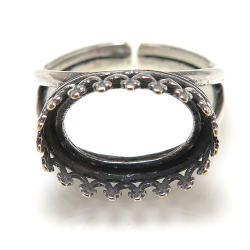 銀古美 指輪空枠 リングクラウン（ベゼルセッティング/カボション用）（横オーバル14×10mm）（真鍮ブラス・アンティークシルバーカラー）（50個）
