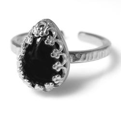 ブラックオニキス リング 指輪 天然石（ペアシェイプ・カボション 10×7mm）（真鍮ブラス・シルバーカラー）