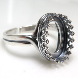 銀古美 指輪リング空枠クラウン（ベゼルセッティング/カボション用）（オーバル 16×12mm）（真鍮ブラス・アンティークシルバー）（25個）