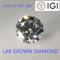 1.01ct-D-VS1-3EXラボグロウンダイヤモンドルース(IGI鑑定書付)ラウンドブリリアントHPHT