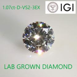 1.07ct-D-VS2-3EXラボグロウンダイヤモンドルース(IGI鑑定書付)ラウンドブリリアントHPHT