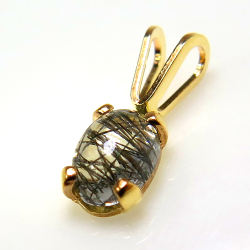 14kgfペンダントトップ 天然石ブラックルチルクオーツ カボションオーバル6×4mm「ゴールドフィルド」（5個）