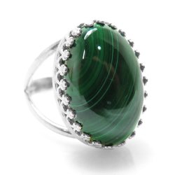 マラカイト 指輪 リング 天然石（カボションオーバル18×13mm）（真鍮ブラス・シルバーカラー）（1個）