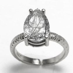 ブラックルチルクオーツ 指輪 天然石 リング（ペアシェイプカット・10×7mm）ファセット（真鍮ブラス・シルバーカラー）