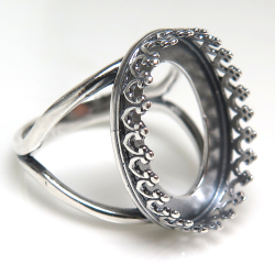 銀古美 指輪リング空枠クラウン（ベゼルセッティング/カボション用）（オーバル 18×13mm）（真鍮ブラス・アンティークシルバー）（10個）