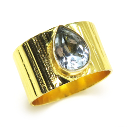 ブルートパーズ 指輪 天然石リング（ペアシェイプ ファセット カット 8×6mm）真鍮ブラス・ゴールドカラー 15号