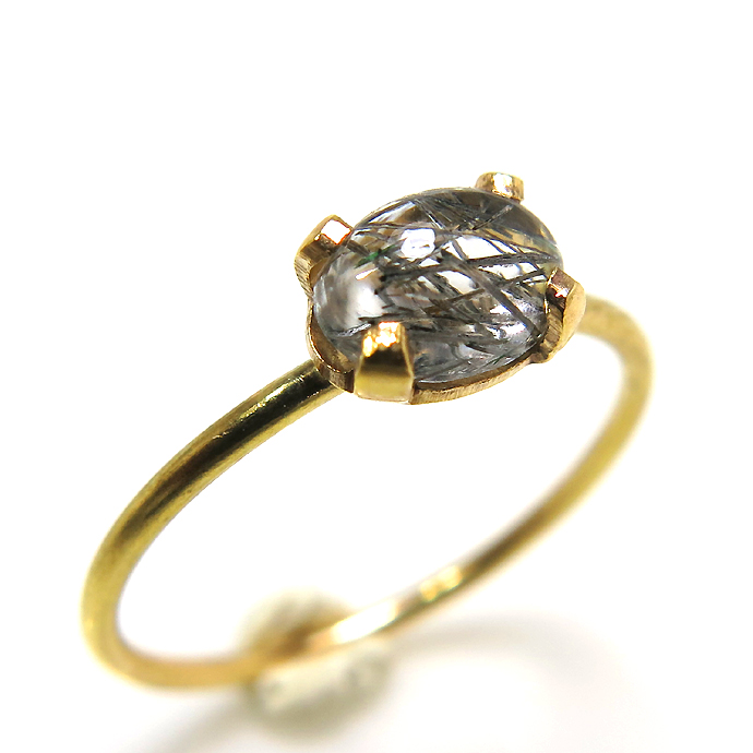 14kgf天然石リング（指輪）ブラックルチルクオーツ カボションカット 6×4mm（4本爪カボション/オーバル）ゴールドフィルド（1個）