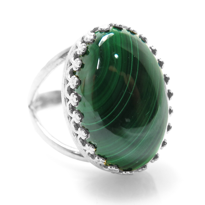 マラカイト 指輪 リング 天然石（カボションオーバル18×13mm）（真鍮ブラス・シルバーカラー）（1個）