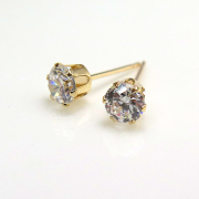 10K（10金）ピアス・6本爪ポストピアス（ラウンドCZキュービックジルコニア4mm）（1ペア/2個）