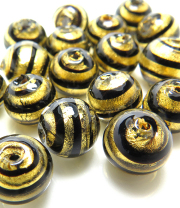 ヴェネチアンビーズ（グラスビーズ）ストライプ・ゴールド（ラウンド10mm）（両穴）（2個）