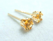 14金イエローゴールド/3mmラウンド6本爪・スタッドピアス（立て爪ピアス）・天然石シトリン「14k」（1ペア）