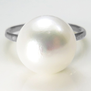 淡水パールリング（真珠）指輪ハンマード（ボタン12mm）（真鍮ブラス・銀 シルバーカラー）