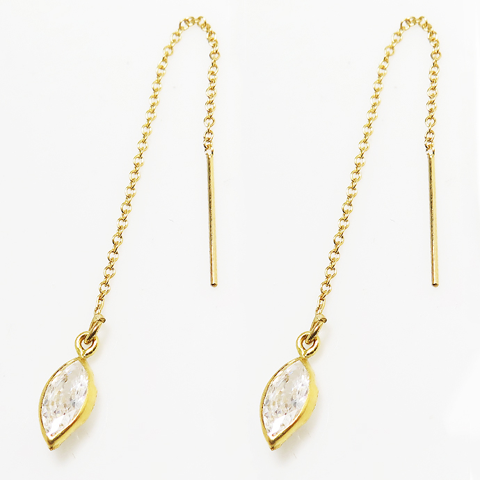 キュービックジルコニア ピアス チェーン CZ クリア 14KGF マーキス 8×4mm