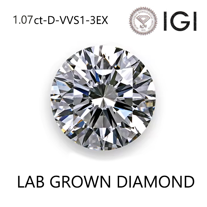 ラボグロウンダイヤモンドルース 1.07ct-D-VVS1-3EX (IGI鑑定書付)ラウンドブリリアント HPHT