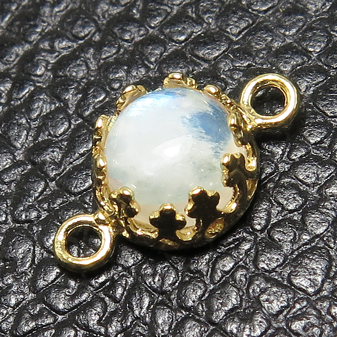 天然石コネクター レインボームーンストーン（ベゼルセッティング/カボション）ラウンド6mm（真鍮ブラス・ゴールドカラー）1個