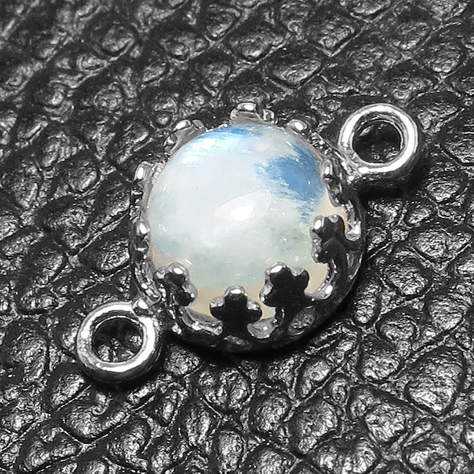 天然石コネクター レインボームーンストーン（ベゼルセッティング/カボション）ラウンド6mm（真鍮ブラス・シルバーカラー）1個