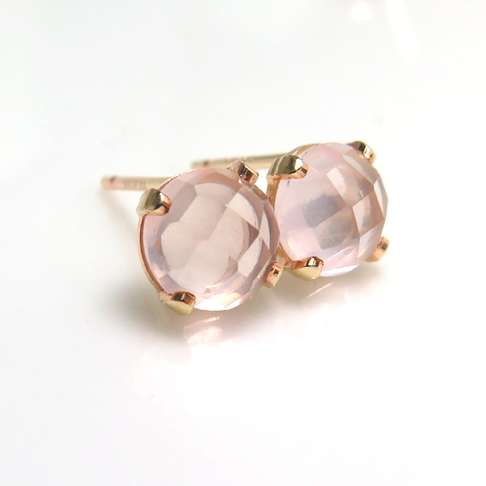 14kgfピアス 天然石ローズクォーツ 6mmカボション チェッカーボードカット（ラウンド）「ゴールドフィルド」（1ペア）