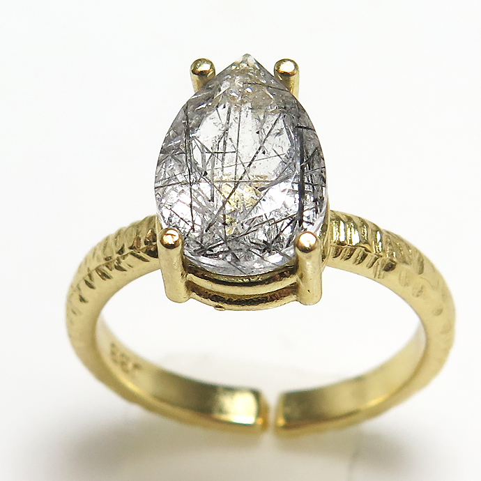 ブラックルチルクオーツ 天然石指輪 リング（ペアシェイプカット・10×7mm）ファセット（真鍮ブラス・ゴールドカラー）