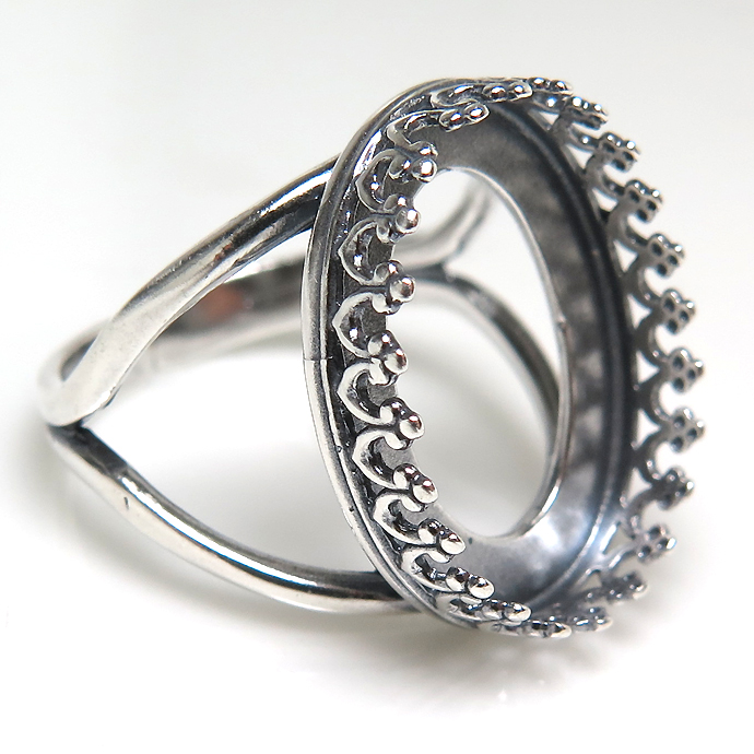 銀古美 指輪リング空枠クラウン（ベゼルセッティング/カボション用）（オーバル 18×13mm）（真鍮ブラス・アンティークシルバー）（10個）