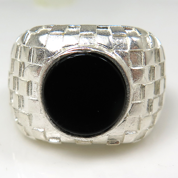ブラックオニキス 指輪 リング スクエアチェッカー 天然石（10mm）真鍮ブラス・シルバーカラー