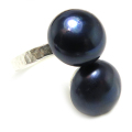 淡水パール 指輪 真珠リング/ハンマード（ボタン11mm×2・ダークブルー～ブラック）真鍮ブラス・シルバーカラー