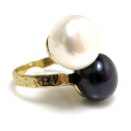 淡水パール（真珠）指輪リング/ハンマード（ボタン・ホワイト系＋ダークブルー～ブラック系12mm×2）（真鍮ブラス・ゴールドカラー）（1個）