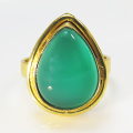 グリーンオニキス リング 指輪 天然石（ペアシェイプ・カボション 16×12mm）真鍮ブラス・ゴールドカラー 14号