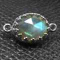 ラブラドライトローズカット 天然石 コネクター 2リング（ベゼルセッティング/カボション）10×8mm（真鍮ブラス・シルバーカラー）