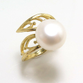 淡水パール真珠 ボタン リング指輪 （12mm） リーフ （真鍮ブラス・ゴールドカラー）（1個）