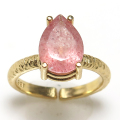 天然石指輪 リング ストロベリークオーツ（ペアシェイプカット・10×7mm）ファセット（真鍮ブラス・ゴールドカラー）