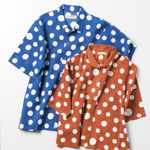 原明子×山内武志 型染めアロハシャツ【L/M】（水玉）1点もの｜［