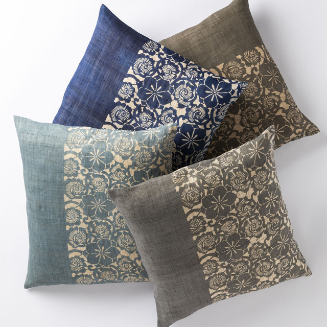 【お値下げ】フェイラー　ハイジ座布団カバー　#レア 麻・銘仙判カバー】型染めの座布団カバー ＜蔦唐草＞｜山内武志さん