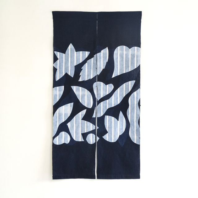 【縞布】型染めののれん（太縞布）＜葉色々＞両面タイプ 幅狭76cm | 山内武志さん（山内染色工房・アトリエぬいや）,暖簾,タペストリー,民藝