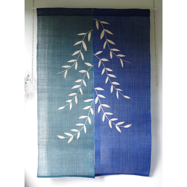 麻　のれん　藍染め