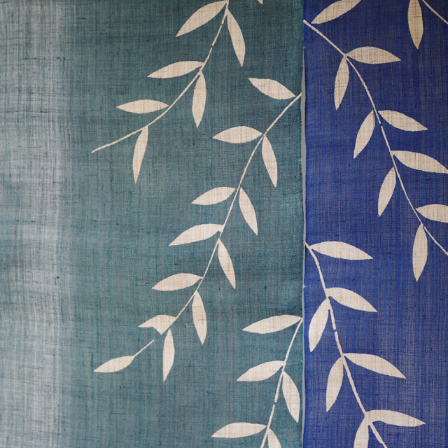 麻　のれん　藍染め
