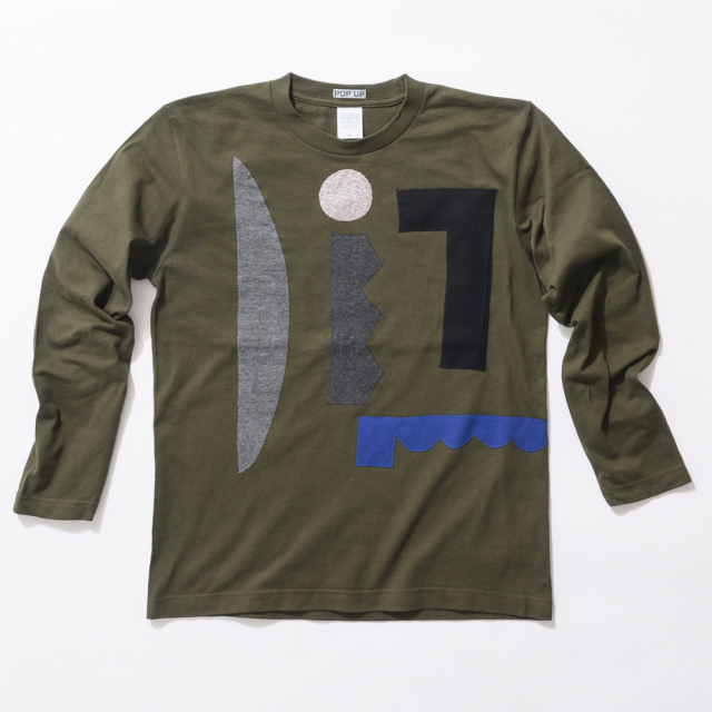 原明子 アートなTシャツ長袖【M】（カーキ）［Pop-Up Studio（静岡県）] ポップ アップリケ モダンアート