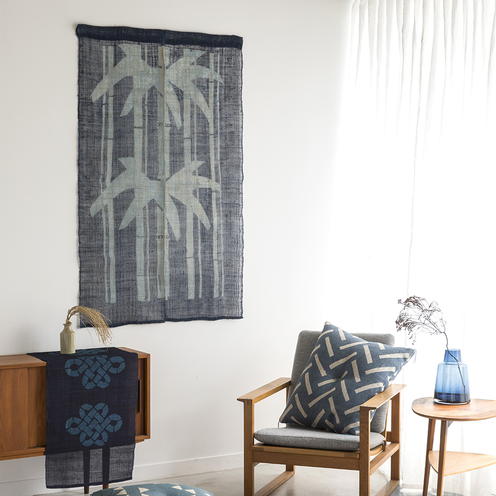 麻　藍染め　のれん 竹葉