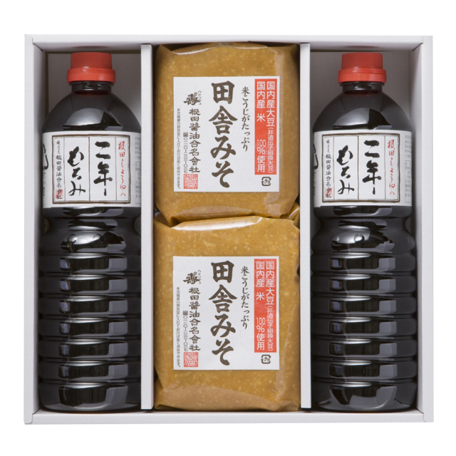 味噌と醤油の詰合せ 田舎みそ1kg×2個、二年もろみ醤油1L×2本(W001)
