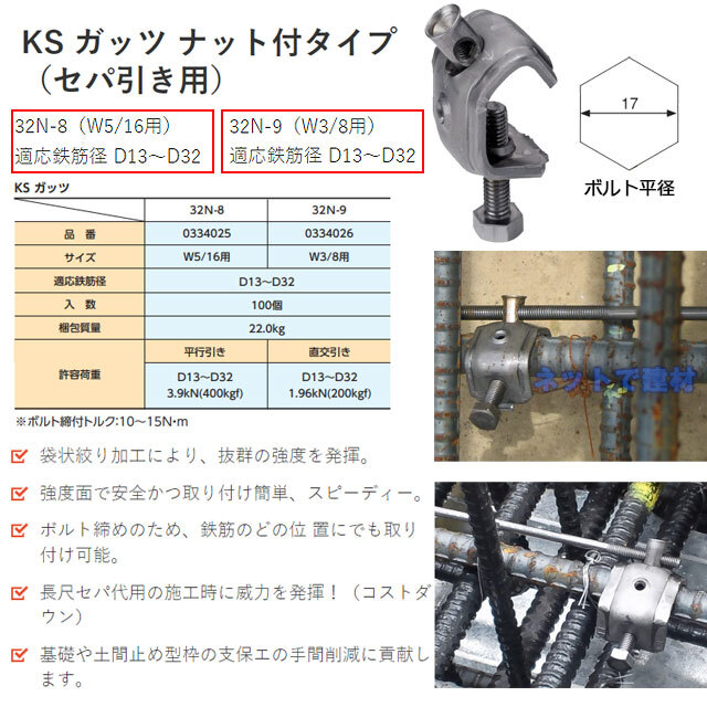 値引き KSガッツ ガッツ 32N-8 1個 バラ売り ナット付タイプ セパ引き用 D13〜D32用 29N-8 後継品 国元 国元商会 鉄筋 